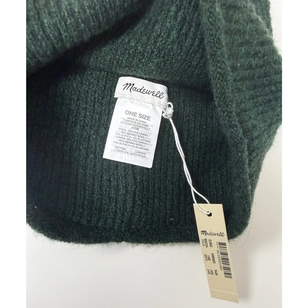 Madewell Beanie Womens OS Dark Green Merino Alpaca Wool Blend Knit Ribbed Winter